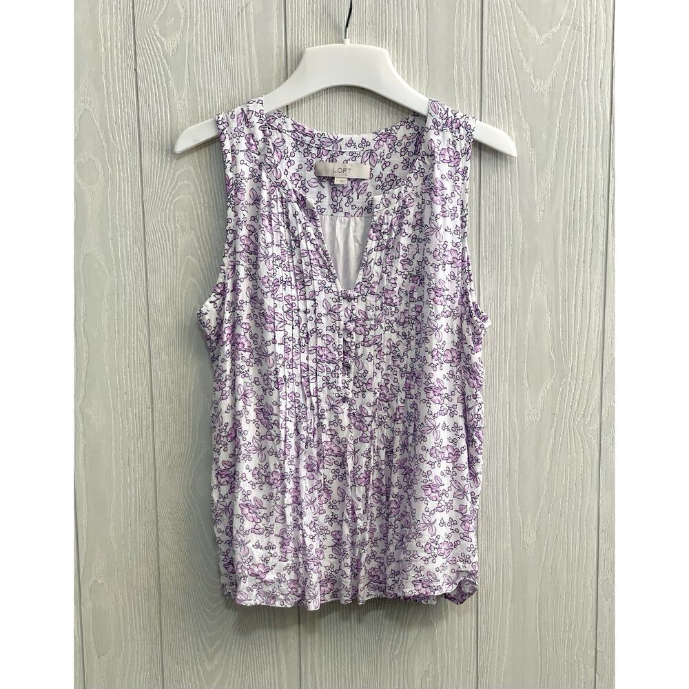LOFT White Purple Pintuck Floral Sleeveless V-Neck Top Medium